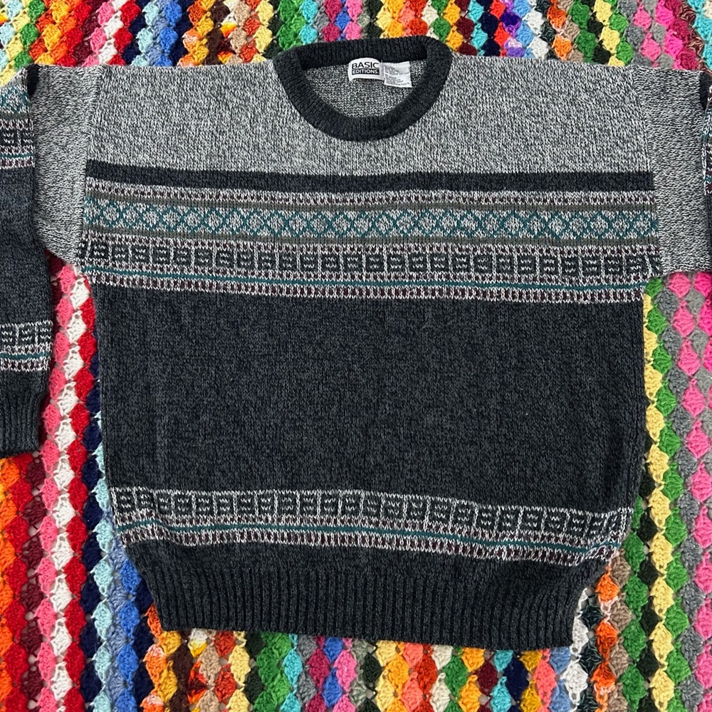 Vintage 90s Basic Editions Korea Made Grandpa Sweater Charcoal Teal Marl…